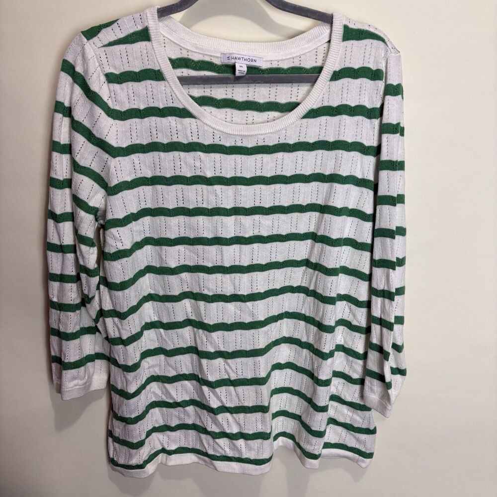 41 Hawthorn Women's Irene Pointelle Crewneck Sweater Green White Stripe XXL Prep